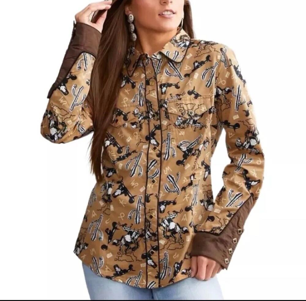 Wrangler X Leon Bridges Snap Button Down Western Shirt Cowboy Print Brown L